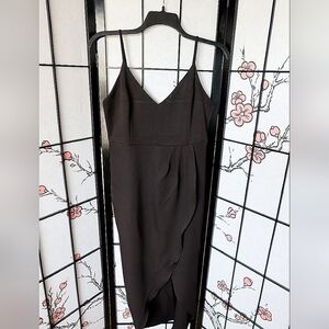 CMZ2005 Black Sheath Cocktail Formal Midi Dress with Spaghetti Straps V Neck